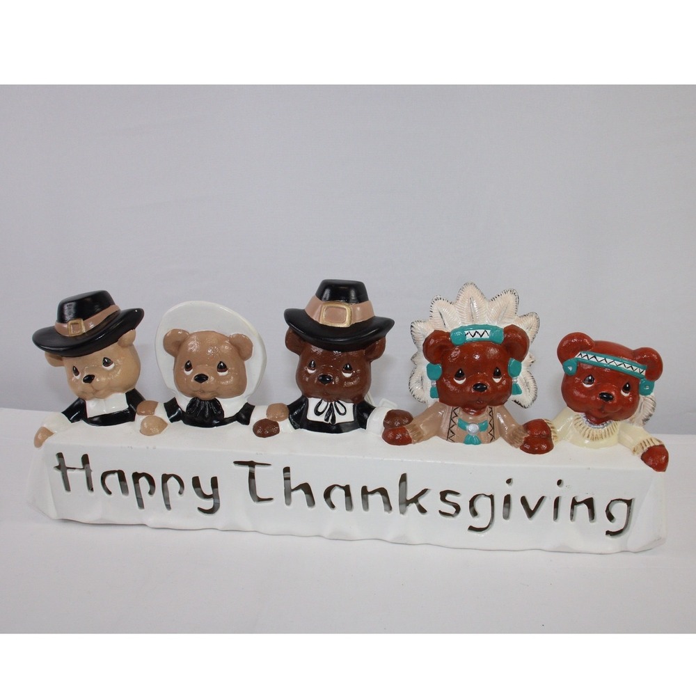 Ceramic Happy Thanksgiving Teddy Bear Pilgrim Native American Lighted Display